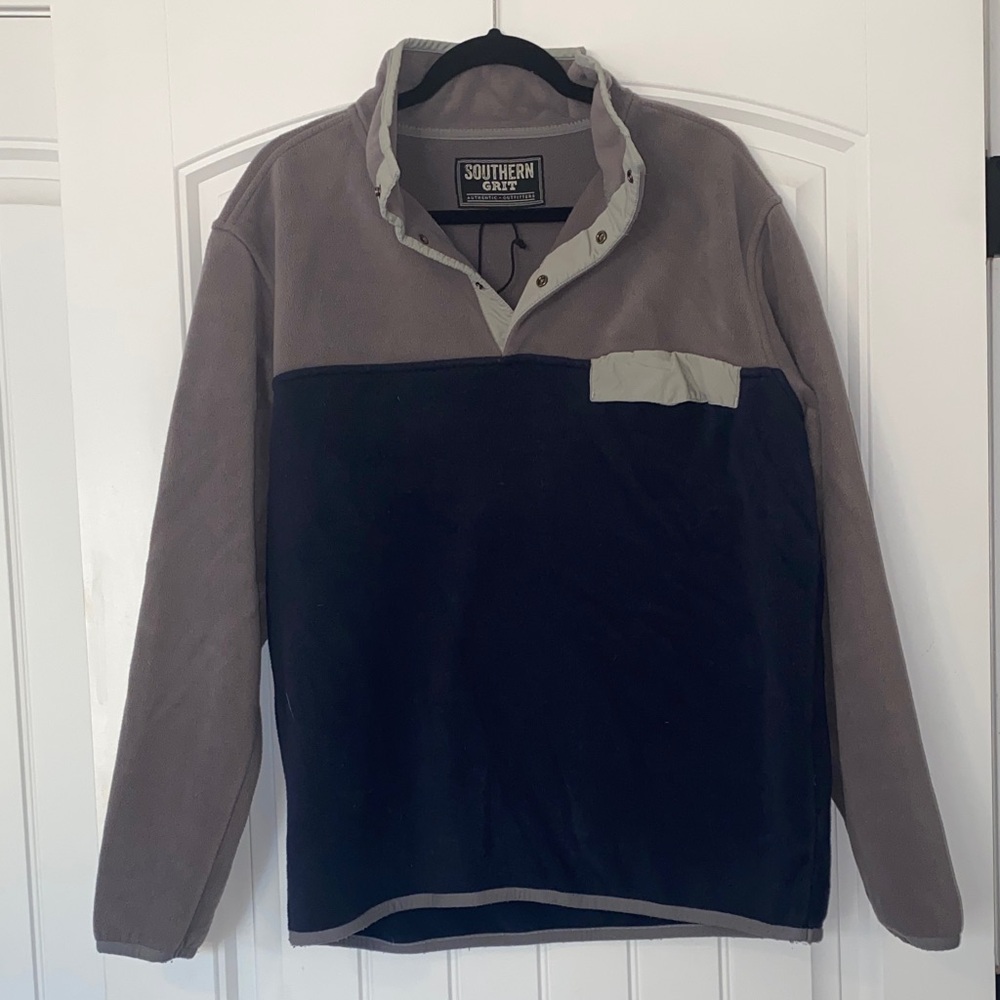 Southern Grit Men's Gray and Navy Fleece Pullover Sweater size medium
